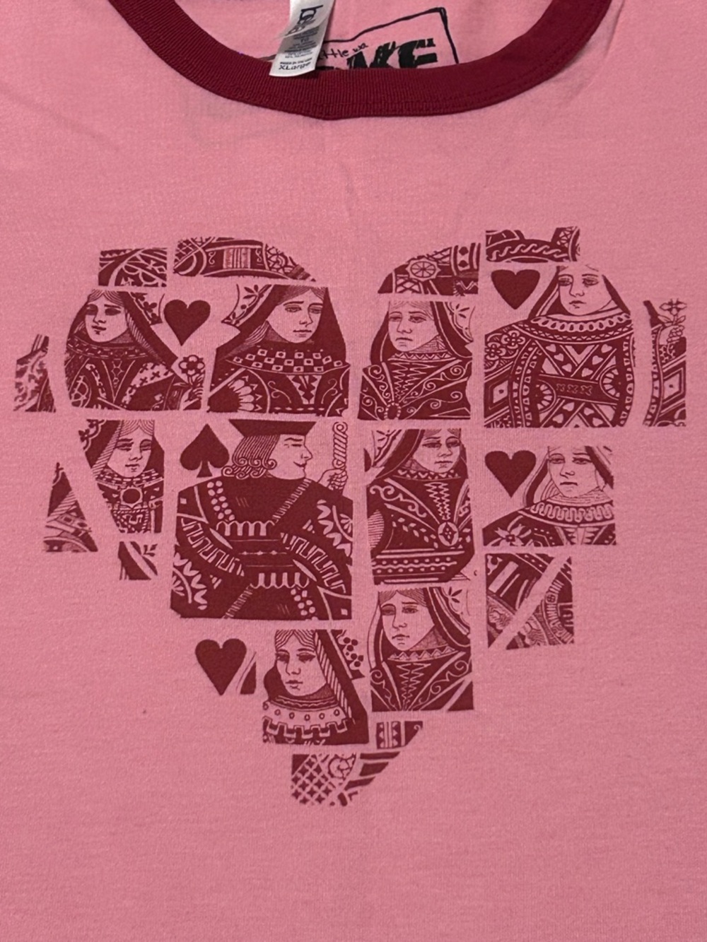 Queen Of Hearts ringer T-shirt XL Ladies Hand Printed by CHOKE EUC red gambling